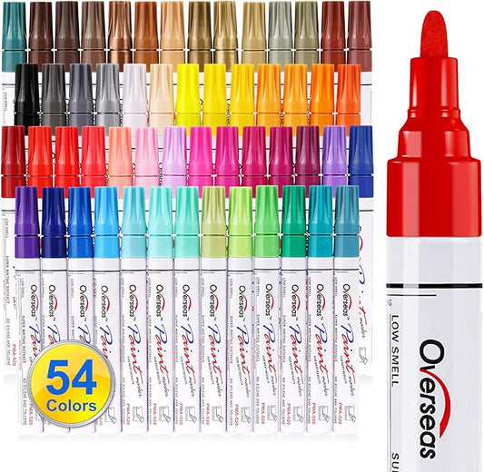 Overseas 54 Colors Paint Pens, Oil Based Assorted Colors Permanent Markers - Medium Tip, Quick Dry, Waterproof Paint Markers for Metal, Wood, Plastic, Rock, Stone, Canvas, Glass, Rubber, Leather