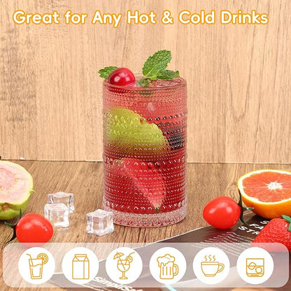Moretoes Hobnail Drinking Glasses Set of 16, 12 Oz Highball Glasses & 10 Oz Cocktail Glasses, Clear Embossed Boho Glass Cups Kitchen Bar Tumbler Glassware Set for Whiskey, Beer, Juice, Milk (Clear)
