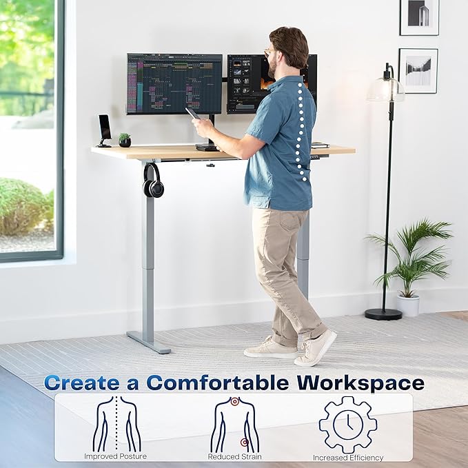 VIVO Electric 60 x 24 in Standing Desk, Memory Height Adjustment, 1B Series, One-Piece Light Wood Top, Gray Frame, DESK-KIT-1G6C