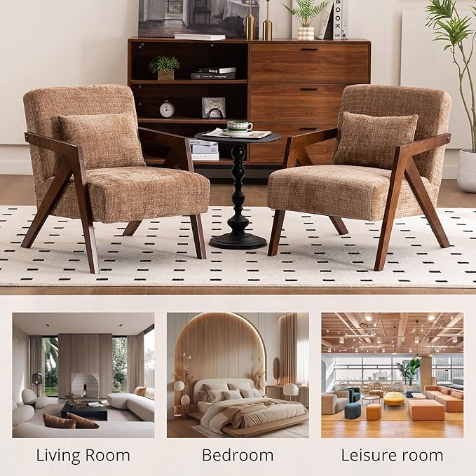 Mid Century Modern Accent Chair with Solid Wood Frame，Upholstered Chenille Living Room Arm Chairs with Pillow for Bedroom, Living Room, Reading Room, Balcony (1, Brown)