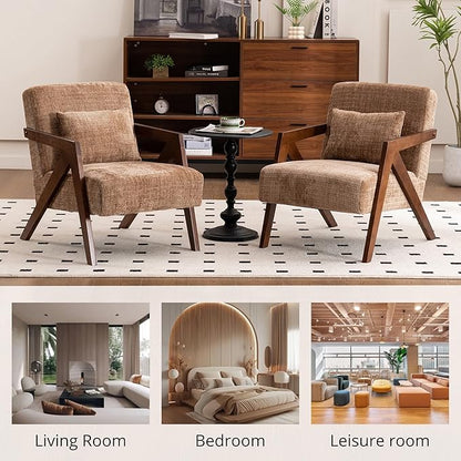 Mid Century Modern Accent Chair with Solid Wood Frame，Upholstered Chenille Living Room Arm Chairs with Pillow for Bedroom, Living Room, Reading Room, Balcony (1, Brown)