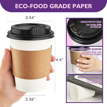 12 oz 50 Pack Disposable Coffee Cups with Lids and Sleeves, Coffee Paper Cups with Lids, To Go Beverage Drinking Cup for Coffee, Tea