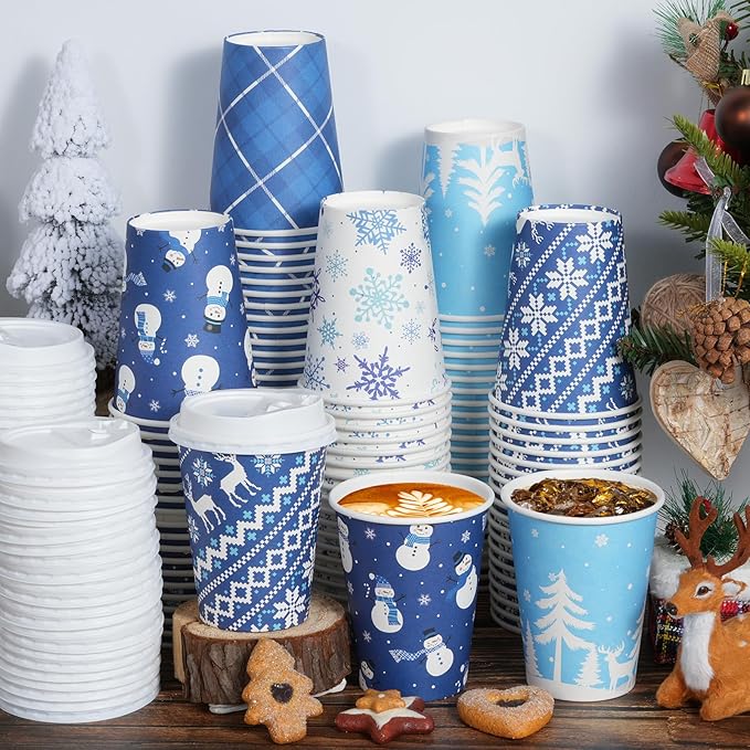 200 Set Christmas Coffee Paper Cups with Lids 12oz, Bulk Disposable Winter Coffee Cups, 5 Styles Xmas Holiday Cups for Hot Chocolate Cold Drinks Christmas New Year Winter Party Supplies Decorations