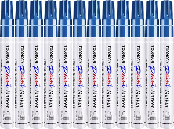 Permanent Paint Pens Blue Paint Markers 12 Pack Oil Based Markers, Quick Drying and Waterproof Marker Pen, Car Tire, Metal, Rock Painting, Wood, Plastic, Canvas, Craft Supplies for Adults