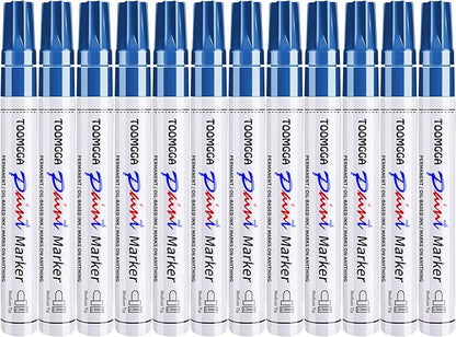 Permanent Paint Pens Blue Paint Markers 12 Pack Oil Based Markers, Quick Drying and Waterproof Marker Pen, Car Tire, Metal, Rock Painting, Wood, Plastic, Canvas, Craft Supplies for Adults