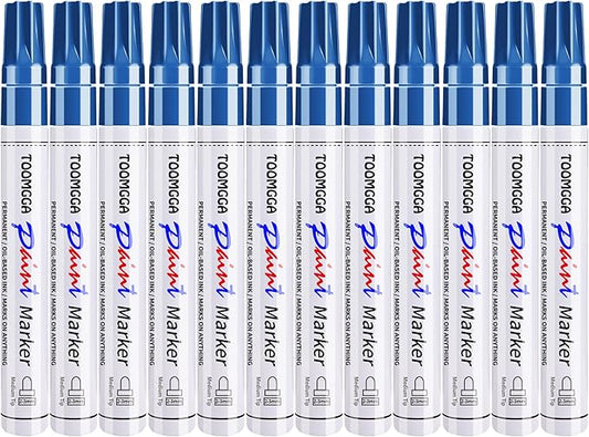 Permanent Paint Pens Blue Paint Markers 12 Pack Oil Based Markers, Quick Drying and Waterproof Marker Pen, Car Tire, Metal, Rock Painting, Wood, Plastic, Canvas, Craft Supplies for Adults