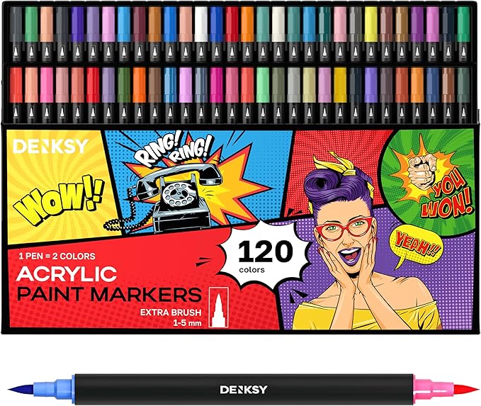 Acrylic paint pens create art – Dual Brush Tip Acrylic Markers Set, Waterproof Quick-Drying Ink for Rock Painting, Glass, Wood, Fabric (120)