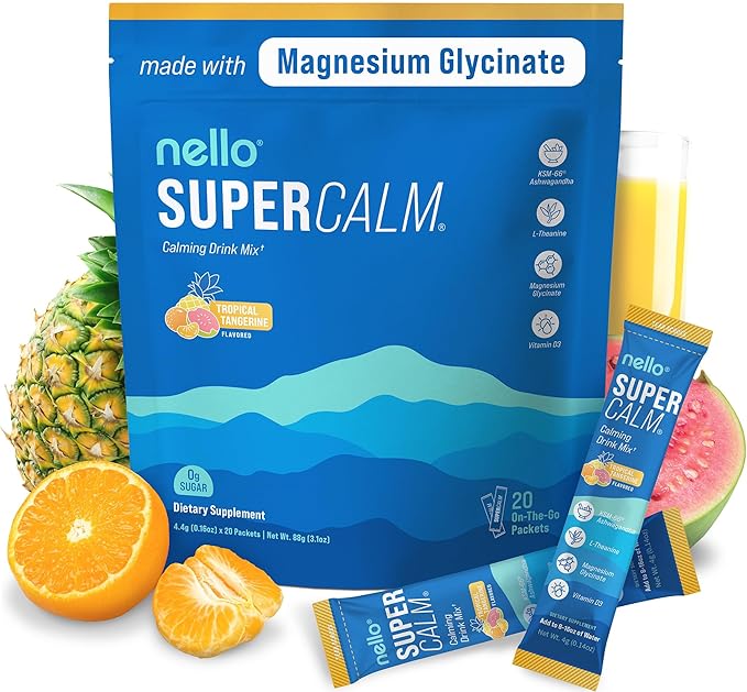 Nello Supercalm Powdered Drink Mix, Cortisol Reducer* and Sleep Aid Supplement, L Theanine, Ksm-66 Ashwagandha, Magnesium Glycinate, Vitamin D 3, No Sugar, Non GMO, 20 Ct, Tropical Tangerine