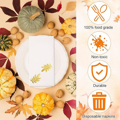 Janlaugh 100 Pcs Gold Thanksgiving Linen Disposable Bathroom Hand Towels Pumpkin Maple Leaves Foil Stamped Guest Napkins 12"x17" Paper Towels for Bathroom Home Lunch Dinner Kitchen(Leaf)