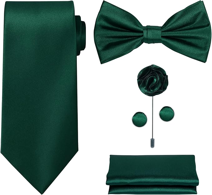TIE G 5pcs Tie Set in WHITE OR BLACK GIFT BOX: Solid Color Necktie, Satin Bow Tie, Pocket Square, Lapel, Cuff Links
