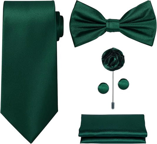 TIE G 5pcs Tie Set in WHITE OR BLACK GIFT BOX: Solid Color Necktie, Satin Bow Tie, Pocket Square, Lapel, Cuff Links