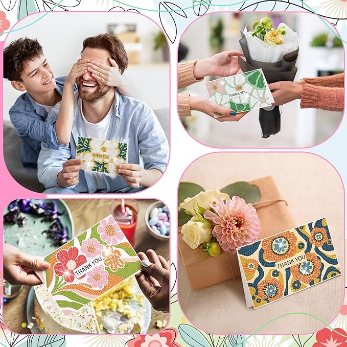 Saillong 12 Pack Flower Thank You Diamond Painting Greeting Card Kits DIY Spring Diamond Art Cards with Envelopes Floral 5D Rhinestones Painting Making Kits for Adults DIY Craft Family Birthday Gifts