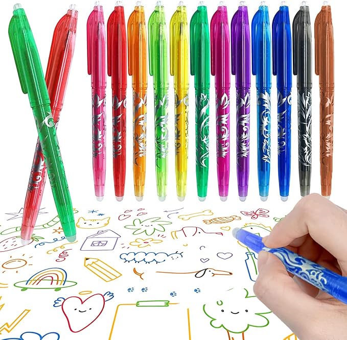 Erasable Pens Multicolor - 12 Colorful Erasable Gel Pens for School Office Journals Smooth Gel Pens Markers Refillable Colored Pens for Kids Adults