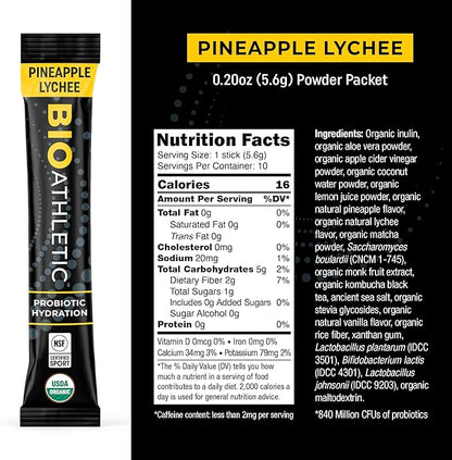 Probiotic + Electrolyte Hydration Drink Mix, with Vitamins D & B12, USDA Organic, NSF Certified for Sport, Subtle Pineapple Lychee Flavor, Naturally Light Taste, 10 Sticks