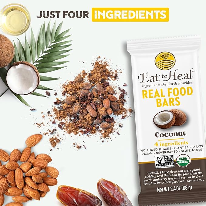 EatToHeal Coconut Real Food Bar - Organic Vegan Healthy Gluten Free Protein Bars - Low Sugar Meal Replacement Bar, Non GMO, Never Baked, Plant Based - Crafted to Enjoy, Not Sit on Shelves
