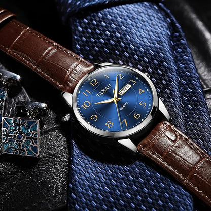 Men's Watch Big Face Easy Read Arabic Numeral Dress Watches for Men Classic Black Brown Leather Band Analog Mens Wrist Watch with Day and Date Fashion Business Waterproof Luminous Quartz Watch