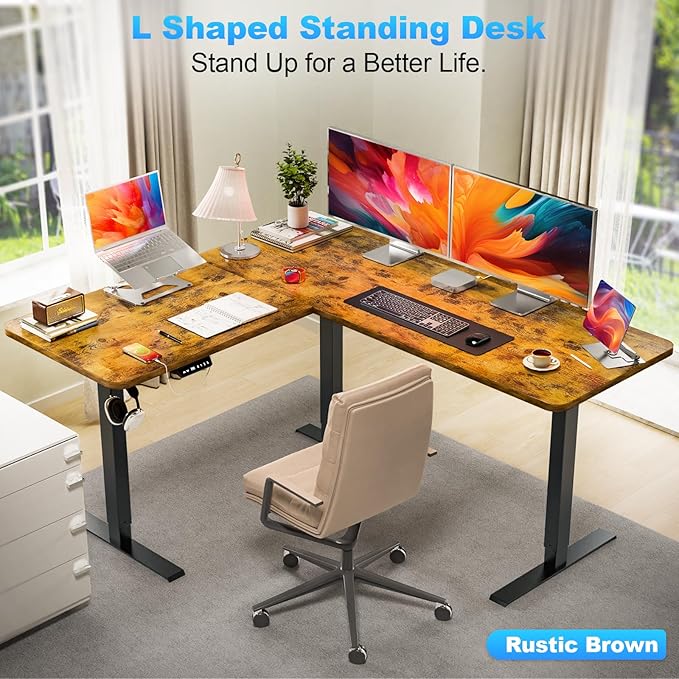 63″ L Shaped Standing Desk, Electric Adjustable Height with A/C Charging Port, Large Corner Desk & Storage, Sit Stand Computer Table, Raised L-Shaped Workstation with Splice Board for Home Office