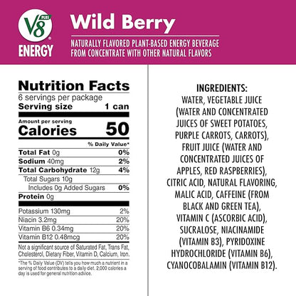 V8 +Energy Wild Berry Juice Energy Drink, 8 fl oz Can (24 Pack)
