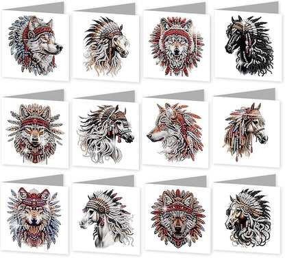 jinglinhh 12pcs Diamond Art Painting Indian Wolf Horse Greeting Cards with Envelopes, DIY Card Making Kits for Adults, Diamond Art Postcards Christmas Cards Craft Gifts