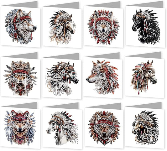 jinglinhh 12pcs Diamond Art Painting Indian Wolf Horse Greeting Cards with Envelopes, DIY Card Making Kits for Adults, Diamond Art Postcards Christmas Cards Craft Gifts
