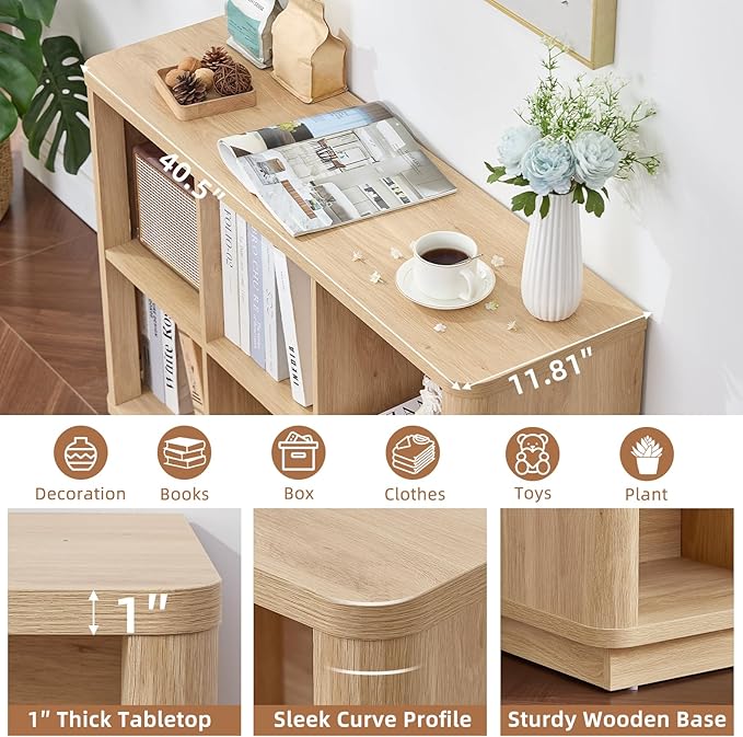 6 Cube Storage Book Shelf, 40" Wide Low Horizontal Bookcase with Curved Edge, Floor Standing 2-Tier Wooden Bookshelf with Base, Modern Short Book Case for Bedroom, Study, Entryway, Natural Oak