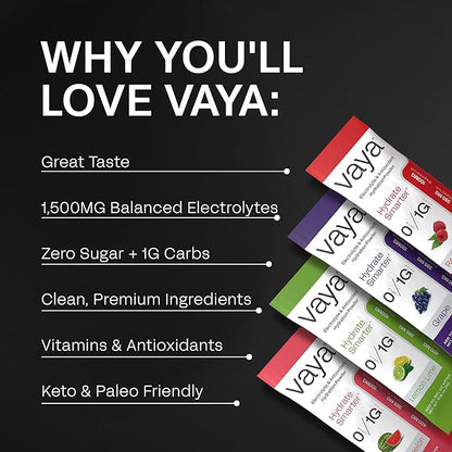Vaya - Sugar Free Electrolyte Powder Packets – Give Your Body Instant Hydration - with Fasting Electrolytes (24 Pack, Raspberry, Grape, Lemon Lime, Watermelon)