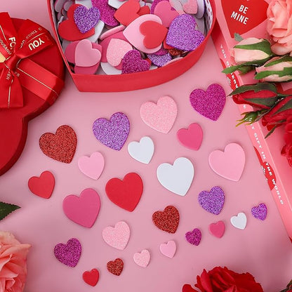 300 PCS Valentines Stickers, Heart Foam Valentine Decor, Self-Adhesive Heart Stickers, Glitter Matte Foam Hearts for Crafts Adults Valentine Stickers Wedding Birthday Cards DIY Crafts