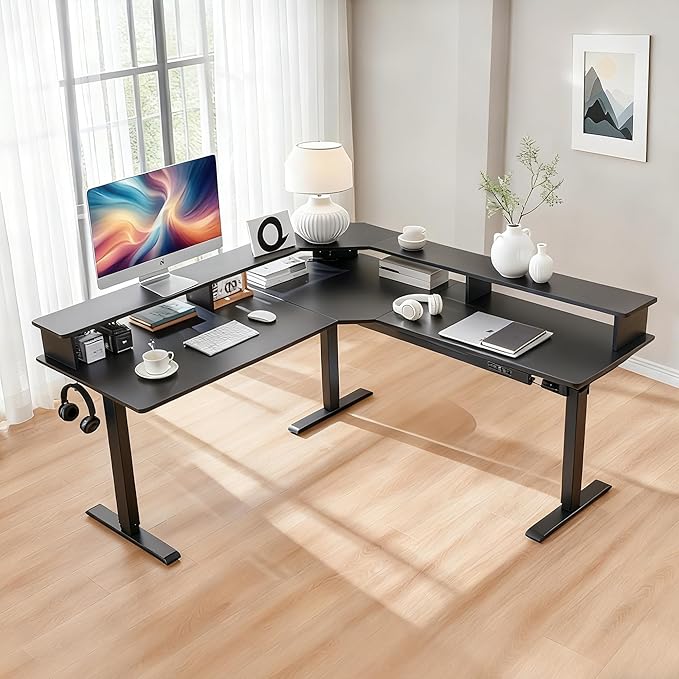 T4TREAM 60" Electric Standing Desk - L Shaped Desk with Monitor Stand, Charging Station & Remote Light, Home Office & Gaming Corner Computer Desk, Carbon Fiber Black