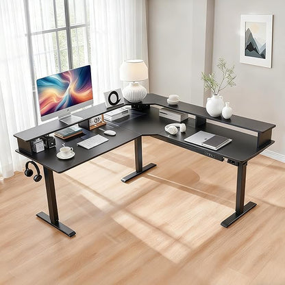T4TREAM 60" Electric Standing Desk - L Shaped Desk with Monitor Stand, Charging Station & Remote Light, Home Office & Gaming Corner Computer Desk, Carbon Fiber Black