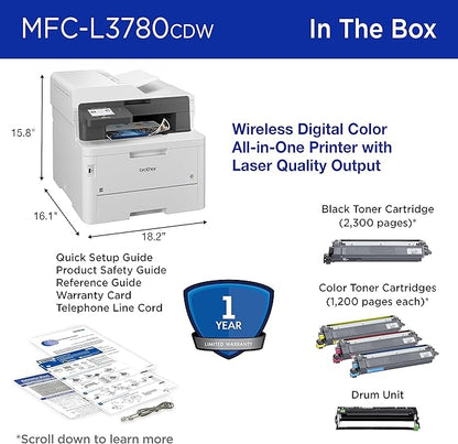 Brother MFC-L3780CDW Wireless Digital Color All-in-One Printer with Laser Quality Output, Single Pass Duplex Copy & Scan | Includes 2 Month Refresh Subscription Trial, Works with Alexa