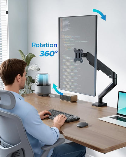 ARES WING Heavy Duty Single Monitor Arm - Fully Adjustable Monitor Mount for 17"-40" Ultrawide Screens up to 26.4 lbs with Clamp/Grommet Desk Mount, 75/100 Vesa Mount, Black