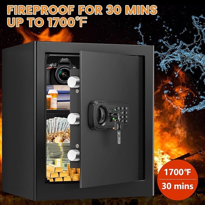 16.53'' Tall Fireproof Safe Box, 2.3 Cuft Home Safety Box with Fireproof Waterproof Bag, Anti-Theft Security Document Safe with Combination Lock & Removable Shelf, Large Safes for Home Cash Medicine