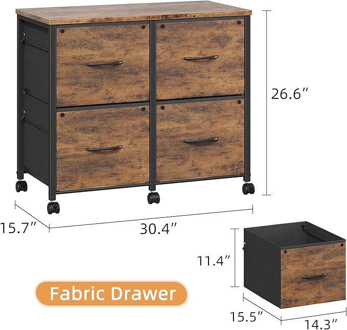 4 Drawer Lateral File Cabinet, Mobile Filing Cabinet for Large Printer, Home Office Functional Small Office Storage Cabinet & Printer Stand, Fits Letter/A4, 30.4''W, Rustic Brown