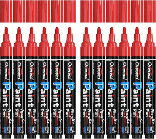Overseas Red Paint Pens Paint Markers - Permanent Acrylic Markers 12 Pack, Water-Based, Quick Dry, Waterproof Marker Pen for Rock, Wood, Plastic, Metal, Canvas, Glass, Fabric, Mugs. Medium Tip