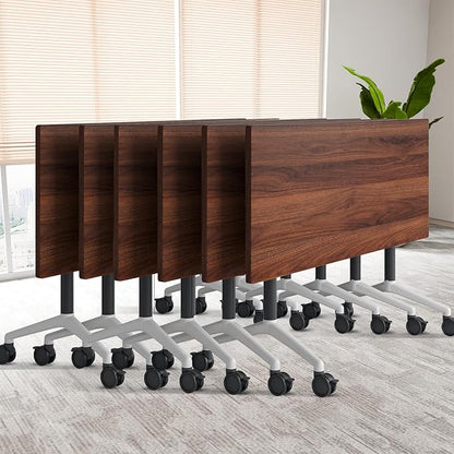 Conference Table, Folding Conference Room Table On Wheels Foldable Office Conference Table Moderen Modular Conference Training Table for Classroom Meeting(Walnut, 55IN, 6)