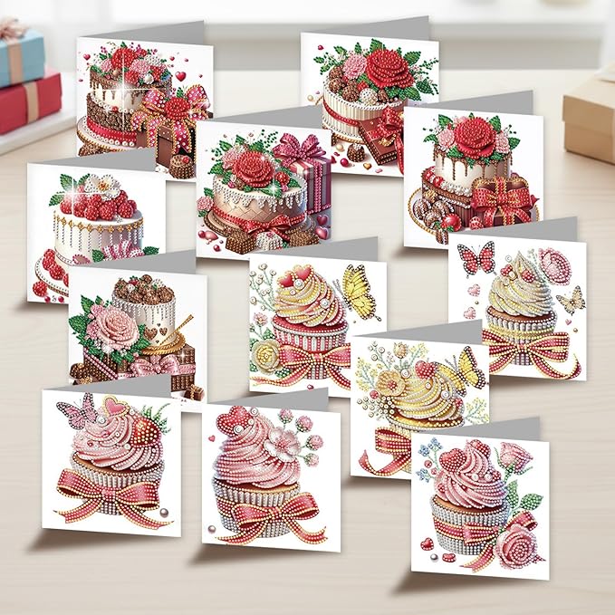 jinglinhh 12pcs Valentine's Day Diamond Art Painting Cupcake Rose Flower Butterfly Greeting Cards with Envelopes, DIY Card Making Kits for Adults, Diamond Art Birthday Holiday Cards Craft Gifts