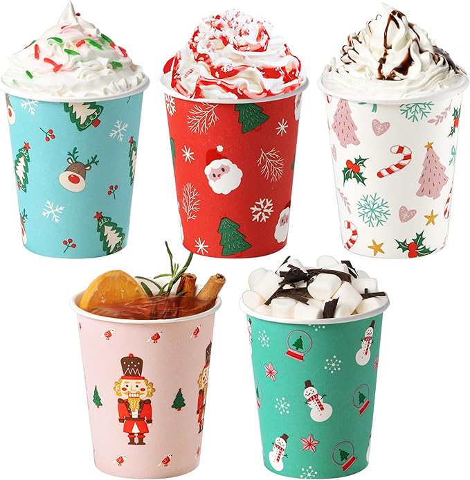 Fit Meal Prep 50 Pack 12 oz Christmas Disposable Coffee Cups, Premium Christmas Paper Cups for Hot/Cold Beverages, Xmas Party Cups for Kids, Adult, Party, Holiday