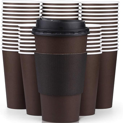 Promora 12 oz Brown Disposable Coffee Cups with Lids & Sleeves, Hot Coffee Cup Sleeves Disposable, Premium Insulated To Go Paper Cups (12 oz, Pack of 80) Brown and Black