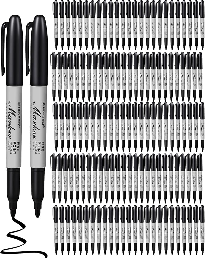 Thenshop 100 Pack Black Permanent Markers Bulk Fine Tip Permanent Marker Set Quick Drying Fine Point Pens for Classroom, Office, Home, Work on Wood, Metal, Stone, Glass, Christmas Office Gifts