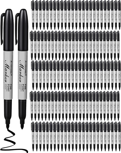 Thenshop 100 Pack Black Permanent Markers Bulk Fine Tip Permanent Marker Set Quick Drying Fine Point Pens for Classroom, Office, Home, Work on Wood, Metal, Stone, Glass, Christmas Office Gifts