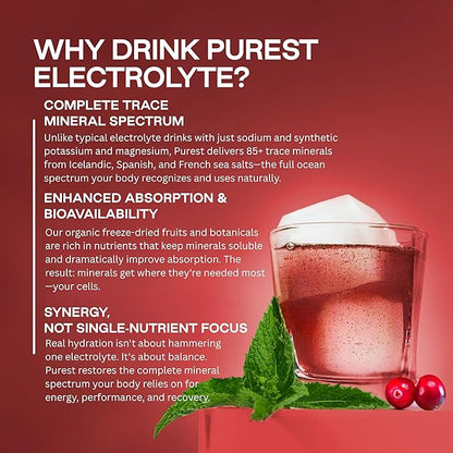 Organic Cranberry Mint Hydration Powder Packets with Solar Sea Salts & Organic Freeze-Dried Fruit for Instant Hydration, No Added Sugar Electrolytes, 26 Packets