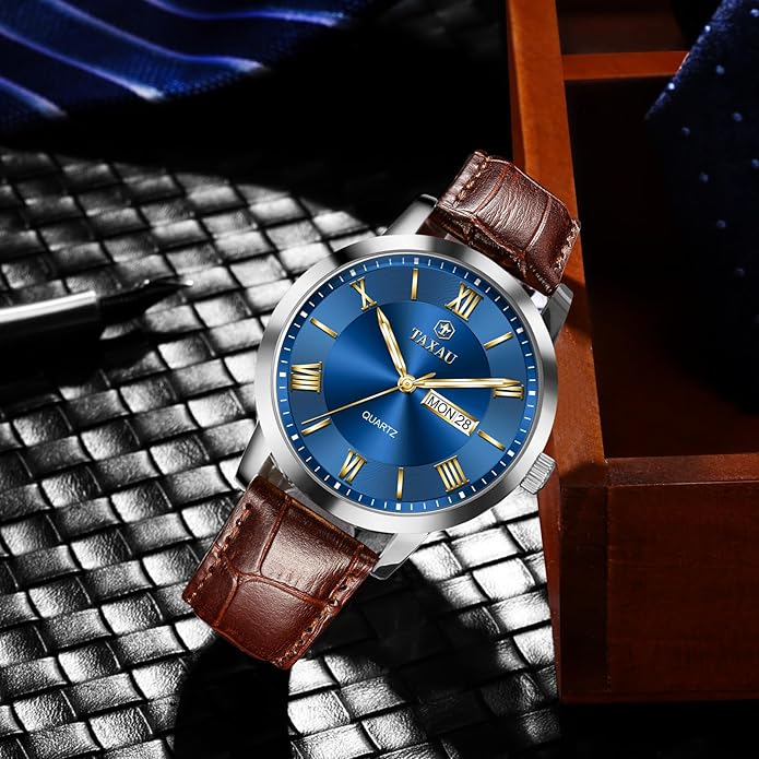 Men's Watch Big Face Easy Read Arabic Numeral Dress Watches for Men Classic Black Brown Leather Band Analog Mens Wrist Watch with Day and Date Fashion Business Waterproof Luminous Quartz Watch