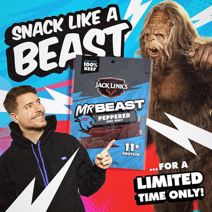 Jack Link’s x MrBeast Peppered Beef Jerky – 11g Protein per Serving, Made with 100% Real Beef, Pantry-Ready, Kids Snacks, Great Stocking Stuffers and Gifts, 10 Count of 1.25oz Bags
