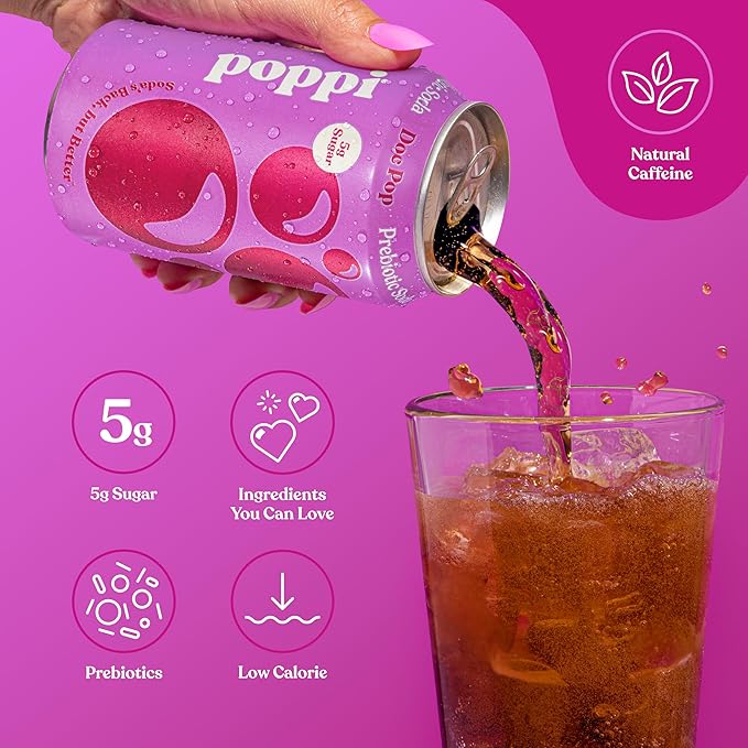 Poppi Sparkling Prebiotic Soda Beverage with Apple Cider Vinegar, Seltzer Water and Fruit Juice, Doc Pop Flavor, 12 Fl Oz, Pack of 12, Packaging May Vary