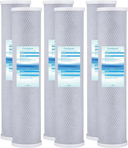 Geekpure 20-Inch Carbon Block Replacement Filter Cartridge for Whole House Water Filtration-4.5" x 20"-5 Micron (Pack of 6)