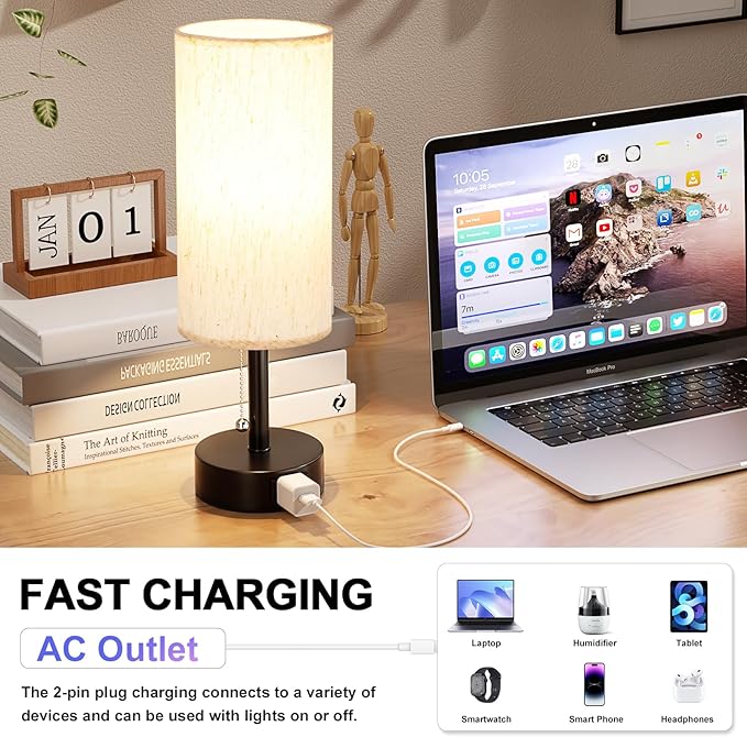 Fenmzee Bedside Table Lamp for Nightstand - 3 Color Temperatures Pull Chain Lamp with AC Outlet Charging Port, Round Night Stand Light for Bedroom Living Room, Small Bed Side Light with E26 LED Bulb
