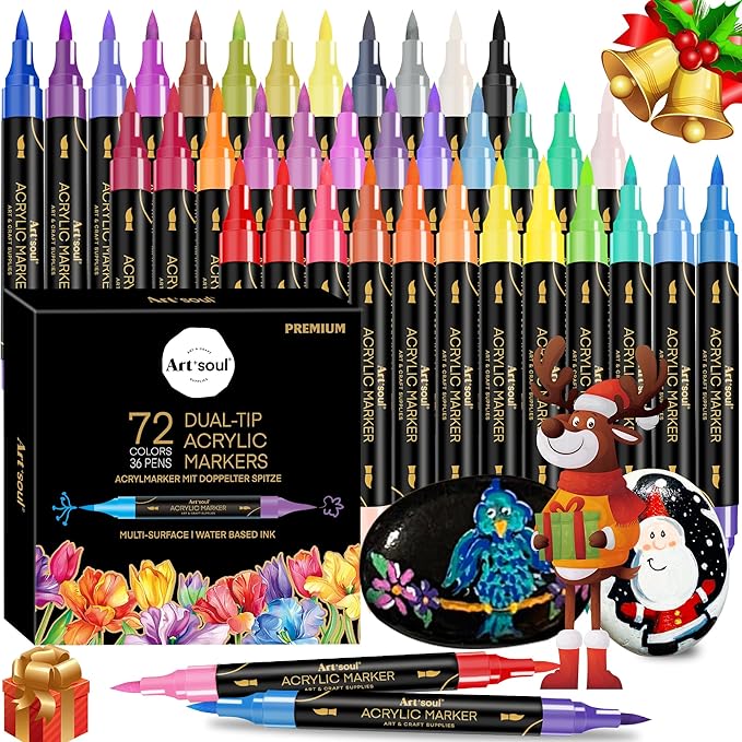 72 Colors Acrylic Paint Pens, 36 Pack Dual Tip Acrylic Paint Pens Markers for Rock Painting, Wood, Stone, Canvas, Ceramic, Glass Surfaces, DIY Crafting & Art Supplies