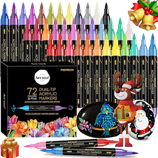 72 Colors Acrylic Paint Pens, 36 Pack Dual Tip Acrylic Paint Pens Markers for Rock Painting, Wood, Stone, Canvas, Ceramic, Glass Surfaces, DIY Crafting & Art Supplies