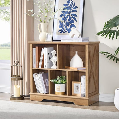 Book Shelf, 5 Cube Storage Organizer, 2-Tier Open Shelf Wooden Bookcase, Freestanding Wood Cube Storage Bookshelf for Bedroom, Living Room, Home Office (Natural Oak)