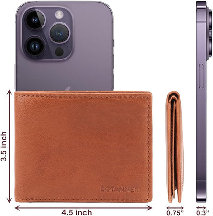Mens Genuine Leather Flip ID Wallet RFID Blocking 8 Credit Card Slots 2 ID Windows 2 Sections for Bills 3 Hidden Pockets | Tan